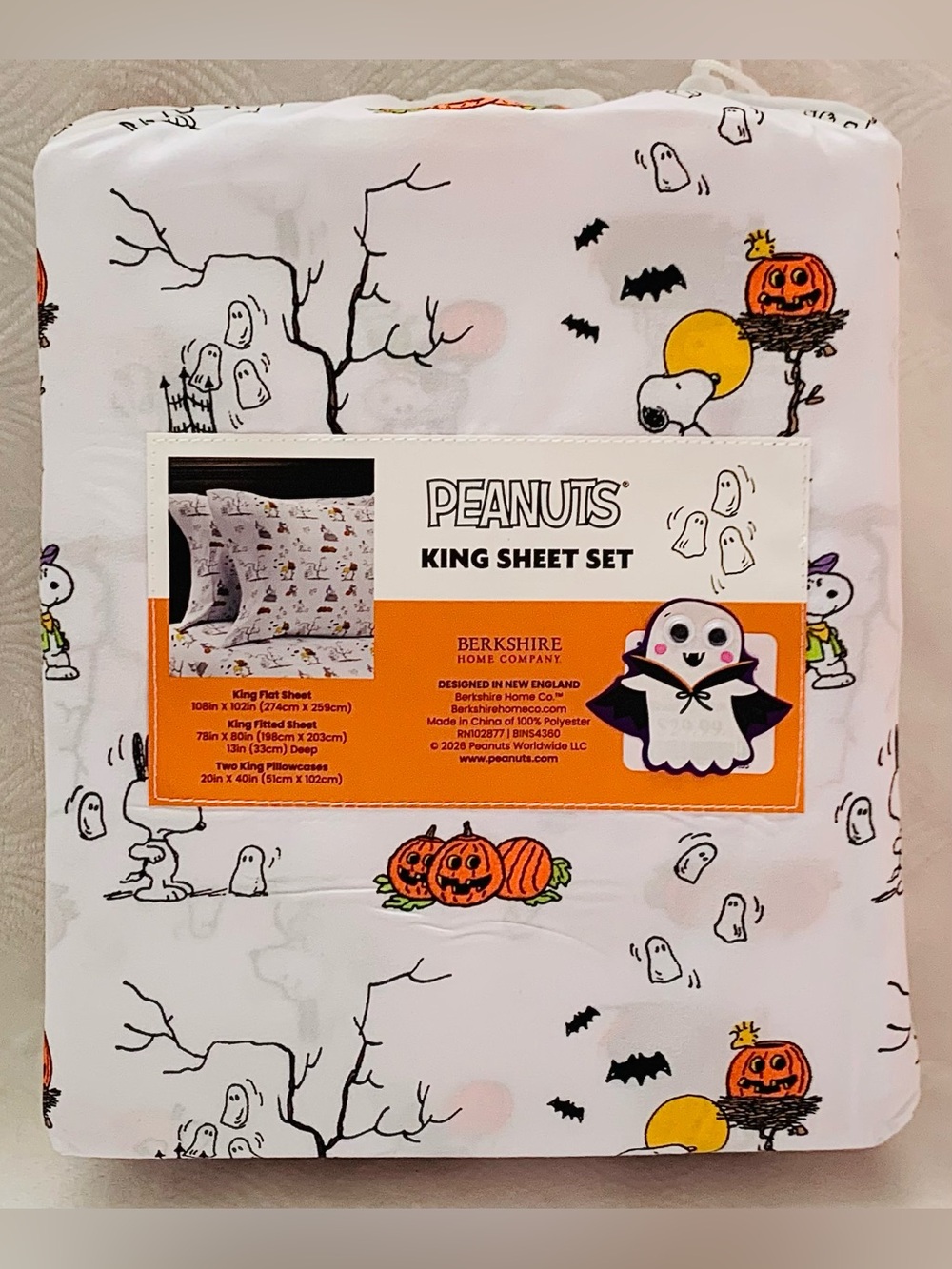 Peanuts Snoopy Halloween Spooky Pumpkins and Ghosts Sheet Set - King - Picture 2 of 5